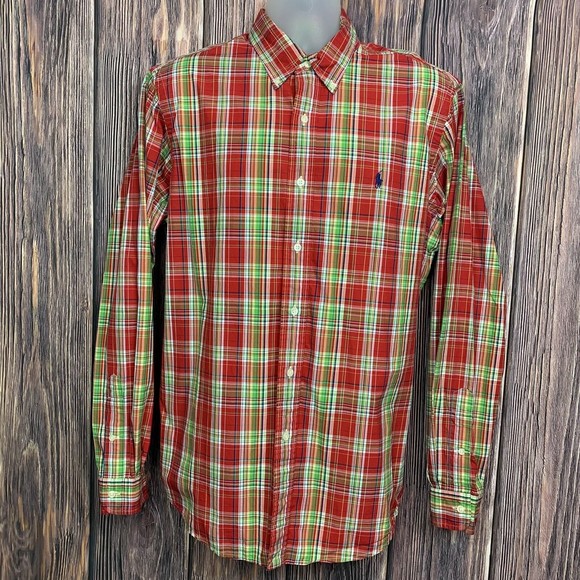 Ralph Lauren Men Red Long Sleeve Plaid Button Classic Pony Logo Shirt Size Large - Picture 1 of 8